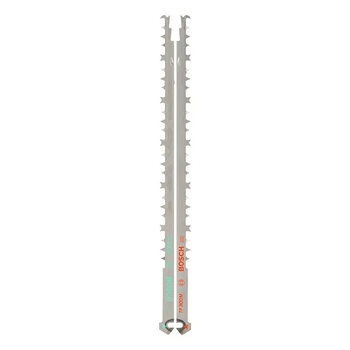 Bosch Juego de hojas de sierra de sable TF 300M - Madera estructural, 2 pzs. - Imagen de una hoja de sierra de calar Bosch TF 300 M, perfecta para cortes curvos en madera. Estas hojas son precisas y duraderas.