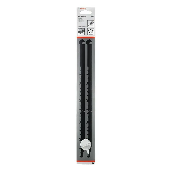Bosch Juego de hojas de sierra de sable TF 300M - Madera estructural, 2 pzs. - Imagen de un juego de hojas de sierra de calar Bosch TF 300 M, ideal para cortes precisos. El juego incluye varias hojas para diversas aplicaciones.