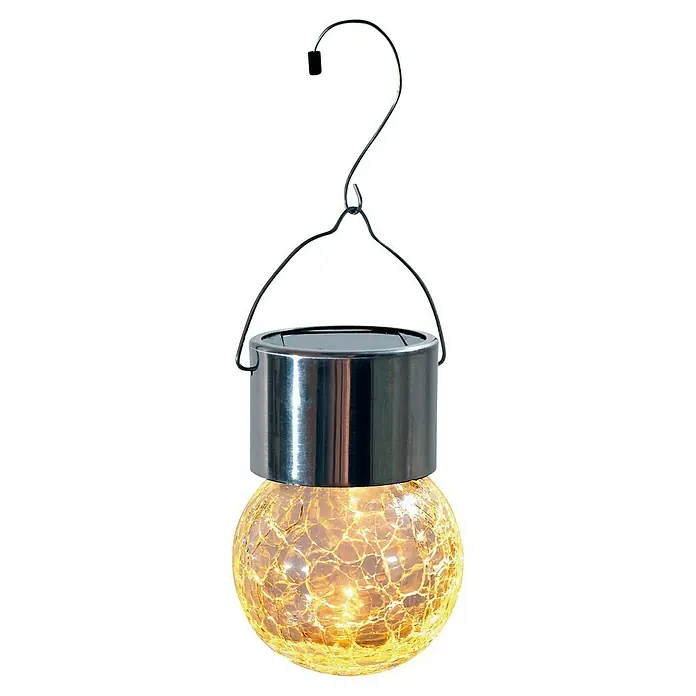 BAUHAUS Solar-Hängeleuchte - Nickel, Klar, IP44 - Solarbetriebene Hängelaterne mit warmweisem Licht und dekorativem Crackle-Glas-Design für den Garten oder die Terrasse.