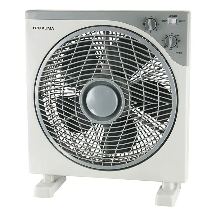 PR Klima Ventilador de suelo Box Fan - 50 W, Blanco/gris, 30 cm - Un ventilador de caja Pro Klima blanco con detalles grises, diseñado para una circulación de aire eficiente y con función de temporizador.