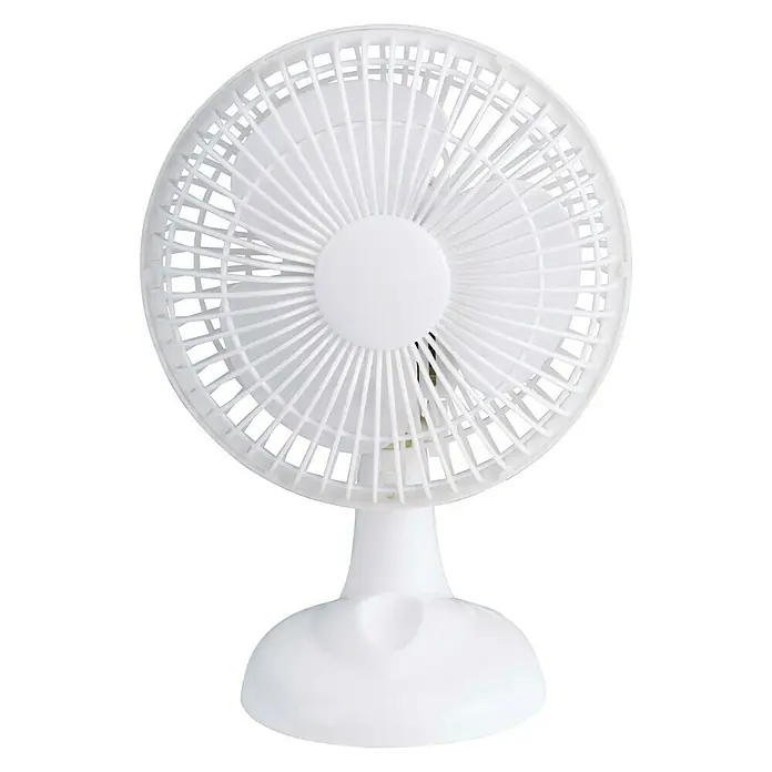 Voltomat Ventilador de sobremesa - Blanco, 15 cm - Primer plano de un ventilador de mesa blanco con rejilla redonda y base estable, ideal para la refrigeración personal.