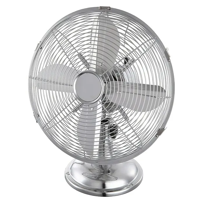 Voltomat Ventilador de sobremesa - Plateado, 30 cm - Primer plano de un ventilador cromado brillante con un diseño clásico, prometiendo una brisa fresca.