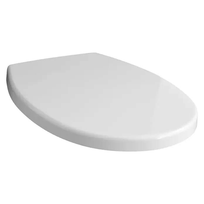 Tapa de WC Tek - Duroplast, Blanco, Con caída amortiguada - Primer plano de un asiento de inodoro blanco y moderno con bordes redondeados sobre un fondo neutro. El diseño elegante enfatiza la higiene.