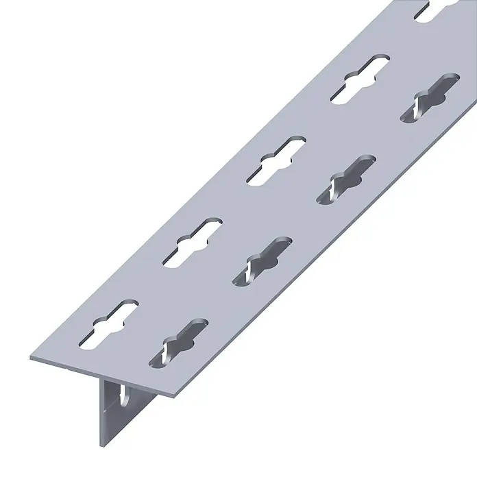 Kantoflex T-Profil - 1.000 x 68,6 x 35,5 mm, Stärke: 2,4 mm, Aluminium, Silber - Detailansicht einer Ständerleiste, ideal zur Wandbefestigung von Regalböden mit speziellen Aussparungen für hohe Flexibilität.