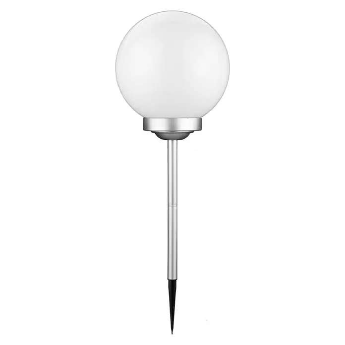 BAUHAUS Solar-Dekoleuchte Fara - Durchmesser: 25 cm, Höhe: 67,7 cm, LED - Nahaufnahme einer Solar-Gartenleuchte mit kugelförmigem Lampenschirm und silbernem Stab, ideal für die Gartenbeleuchtung.