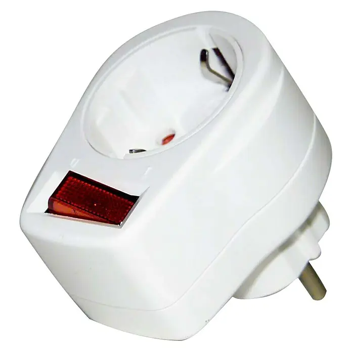 UniTEC Zwischenstecker - Weiß, 250 V, Schalter - Ein weißer Schutzkontaktadapter mit rotem Schalter. Der Adapter ermöglicht den Anschluss von Geräten mit Schutzkontaktsteckern.
