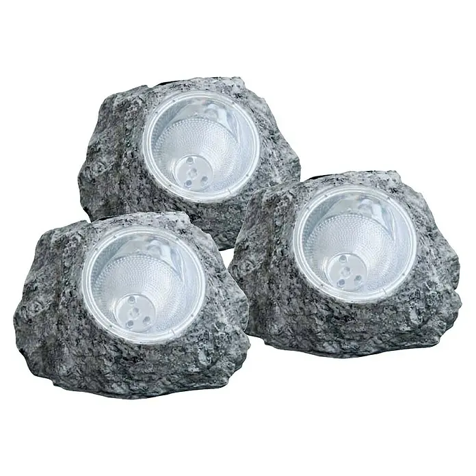 BAUHAUS Lámpara decorativa solar Rock - LED - Tres luces solares de roca grises para uso exterior. Las luces tienen forma de rocas y tienen una cubierta clara para la luz.