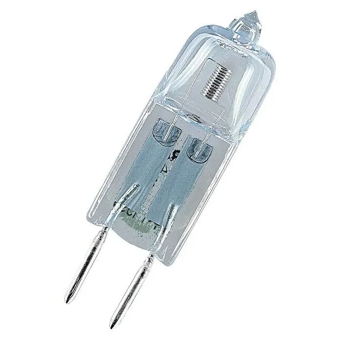Osram Halogenstiftsockel Halostar Standard - 50 W, GY6,35, Klar, Warmweiß, 1 Stk. - Nahaufnahme einer G4 Halogenlampe mit klarem Glaskolben, die eine helle und effiziente Beleuchtungslösung darstellt.
