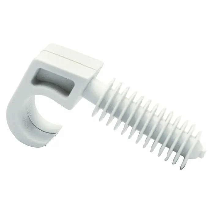 Voltomat Dübel-Steckschelle - 7 mm - 12 mm, 15 Stk. - Nahaufnahme eines weißen Kunststoffhakens mit Gewinde. Zum Aufhängen von leichten Gegenständen, ideal für Heimwerkerprojekte.