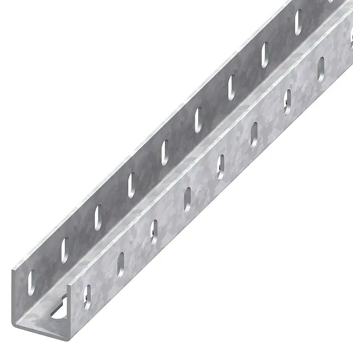 Kantoflex U-Profil - Stärke: 1,5 mm, Stahl, Silber - Nahaufnahme einer U-förmigen Metallschiene mit Löchern. Ideal für Bau- und Befestigungsanwendungen im industriellen Bereich.