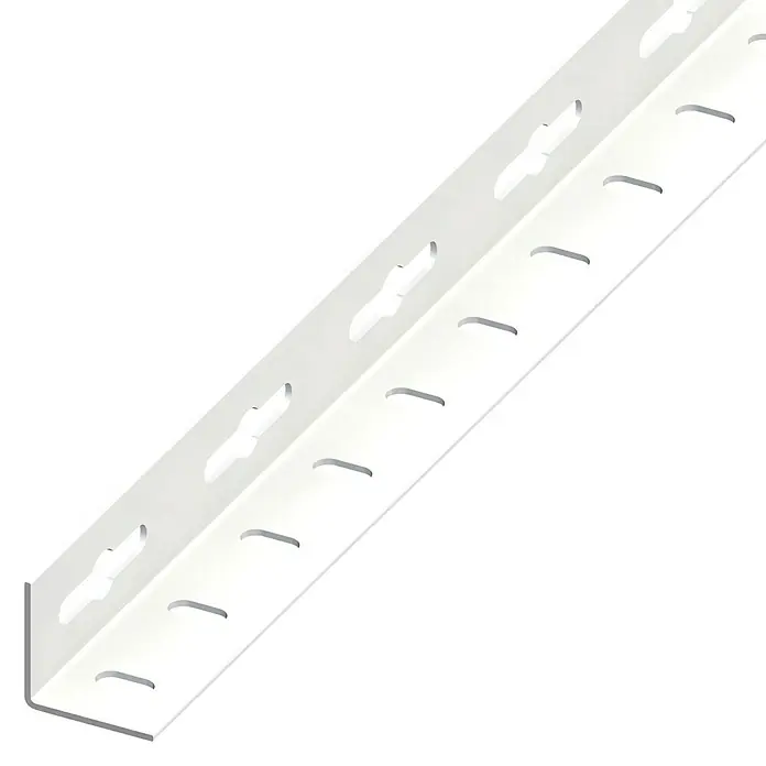 Kantoflex Winkelprofil - 2.500 x 23,5 x 23,5 mm, Stärke: 1,2 mm, Weiß - Das Bild zeigt ein weißes Winkelprofil aus Metall mit Löchern, das typischerweise im Bauwesen oder für Regale verwendet wird.