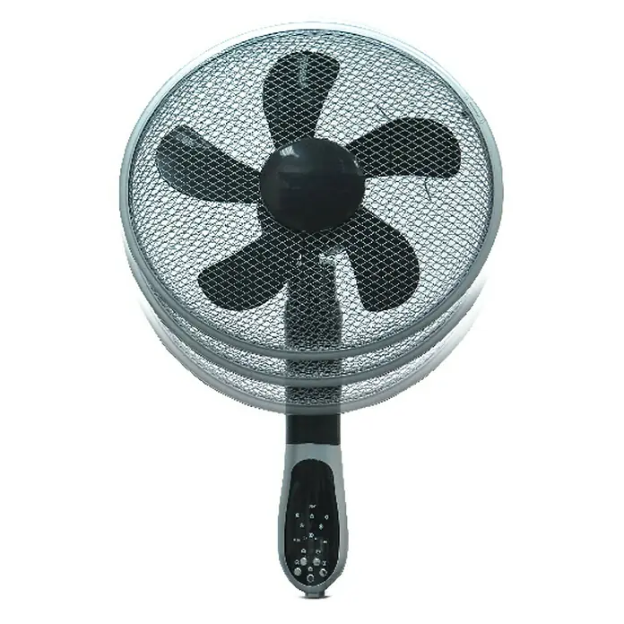 Voltomat Ventilador de pie 360° - Plateado/Negro, 40 cm, 148 cm - Aquí hay un ventilador de color plateado, con una hélice negra y una rejilla redonda, aislado sobre un fondo blanco.