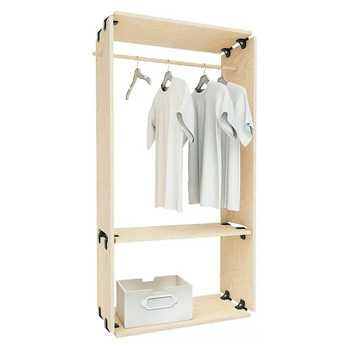 Playwood Sistema de unión - Ángulo: 90 °, Negro profundo, 4 ud. - Armario de madera clara con barra para ropa, estante y caja de almacenamiento para una solución práctica.