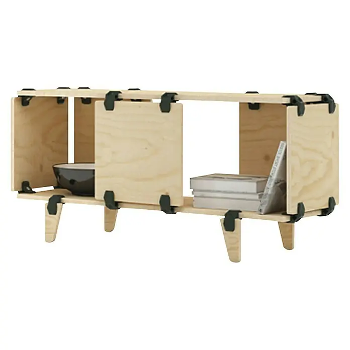 Playwood Sistema de unión - Ángulo: 90 °, Rojo, 4 ud. - Estantería modular de madera con conectores negros, equipada con un cuenco y libros. Mueble elegante.