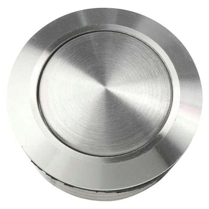 Heidemann Klingeltaster - Silbermetallic, Edelstahl, A2, IP65 - Nahaufnahme eines runden Metall-Druckknopfes mit konzentrischem Schliff und glänzender Oberfläche.