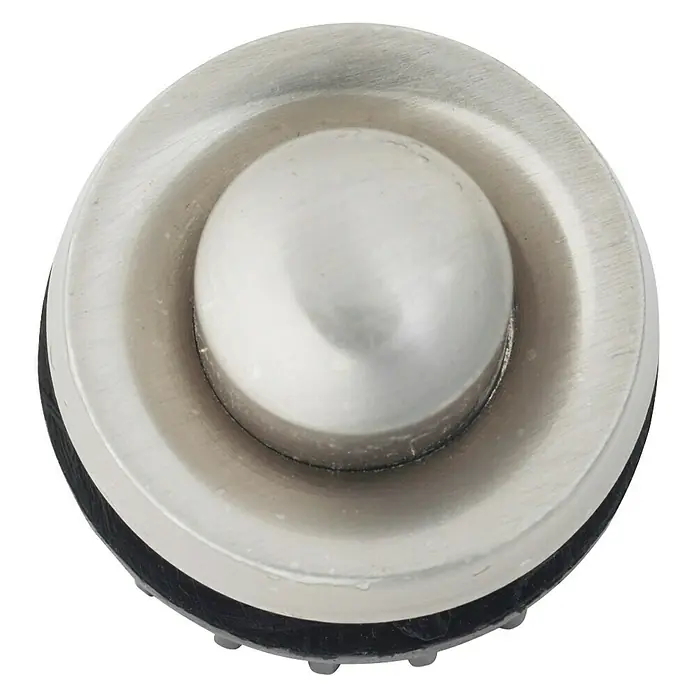 Heidemann Klingeltaster Lang - Silber, Messing, Vernickelt, Durchmesser: 18 mm - Nahaufnahme eines Spülenstöpsels aus Edelstahl mit schwarzem Gummi, ideal für die Küchenspüle.