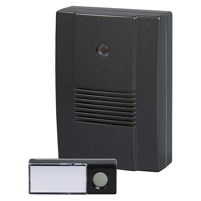 Heidemann HX Funk-Gong-Set HX Outdoor - Reichweite ca.: 150 m, 88 dB, Batteriebetrieben, IP55 - Abbildung einer schwarzen Türklingel und eines Empfängers mit einer Namensschildhalterung.