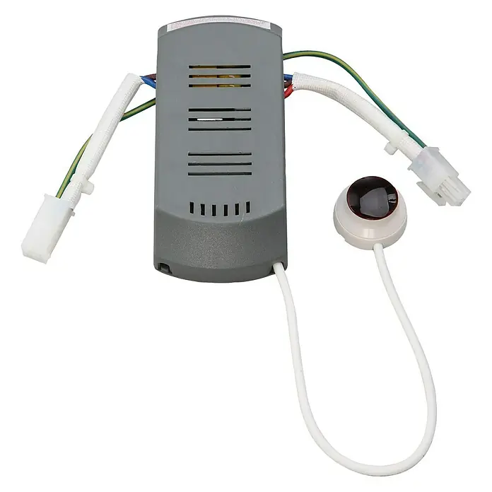 Voltomat Minimando a distancia - Específico para: Ventilador de techo PR Klima, L x An x Al: 1,9 x 4,5 x 23,5 cm - Un receptor de ventilador de techo gris con control remoto, cables y sensor infrarrojo.