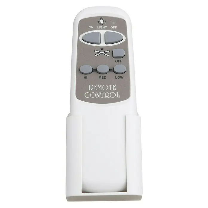 Voltomat Minimando a distancia - Específico para: Ventilador de techo PR Klima, L x An x Al: 1,9 x 4,5 x 23,5 cm - Primer plano de un control remoto de ventilador de techo con botones para luz, ventilador y configuraciones de velocidad en un soporte.