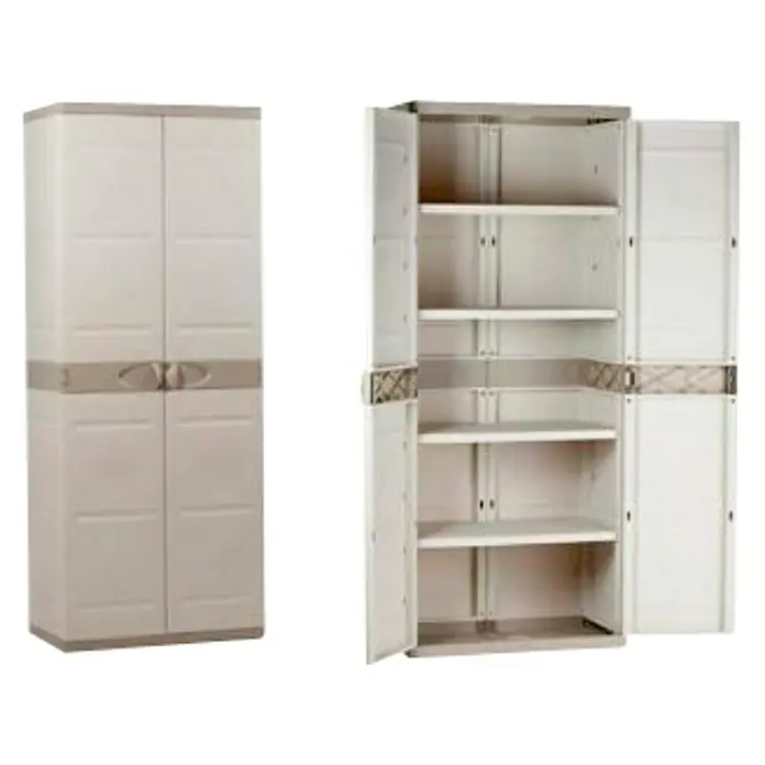 Plastiken Titanium Set de estanterías interiores -  - Imagen de un armario de plástico color crema que se muestra tanto cerrado como abierto con estantes para guardar cosas.