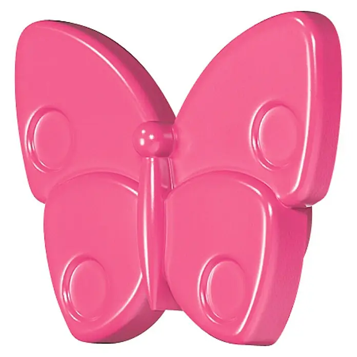 Häfele Pomo infantil para mueble - Botón, Ø x Al: 70 x 53 mm, Lila, Mariposa - Un primer plano de un juguete de mariposa rosa con patrones circulares en las alas, perfecto para niños y fines decorativos.