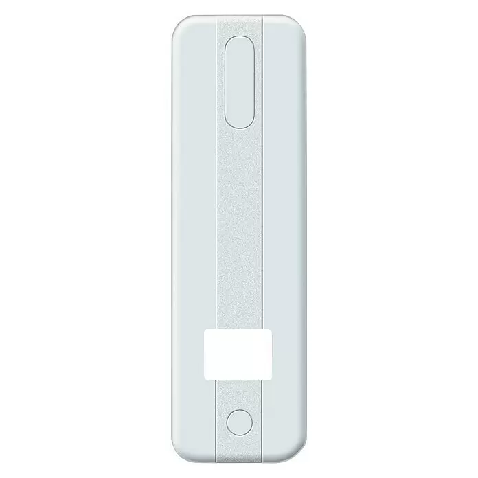 Schellenberg Duo Embellecedor 10202 - L x An x Al: 203 x 64 x 11 mm, Plástico, Blanco - Dispositivo rectangular blanco con franja central gris plateado texturizada, hendidura superior alargada, área de etiqueta en blanco y botón circular.