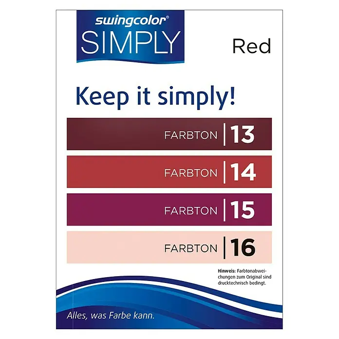 swingcolor Farbtester SIMPLY Wohnraumfarbe - Rot - Nr. 14, Matt, 50 ml - Farbfelder der Swingcolor Simply Farbtöne im Rotbereich mit den Nummern 13, 14, 15 und 16 zur Ansicht und Auswahl.