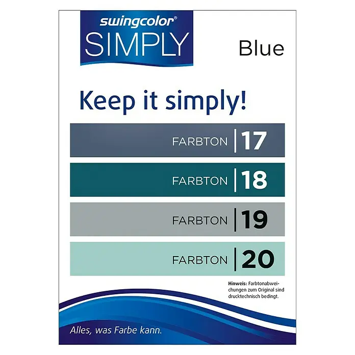 swingcolor Farbtester SIMPLY Wohnraumfarbe - Blau - Nr. 19, Matt, 50 ml - Farbfächer von Swingcolor Simply Blue mit verschiedenen Blautönen und Farbnummern für einfache Farbauswahl.