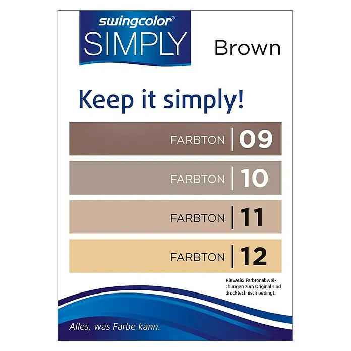 swingcolor Farbtester SIMPLY Wohnraumfarbe - Braun - Nr. 12, Matt, 50 ml - Farbtonkarte der Swingcolor Simply Brown Farbreihe mit vier verschiedenen Brauntönen von hell bis dunkel für kreative Wandgestaltung.