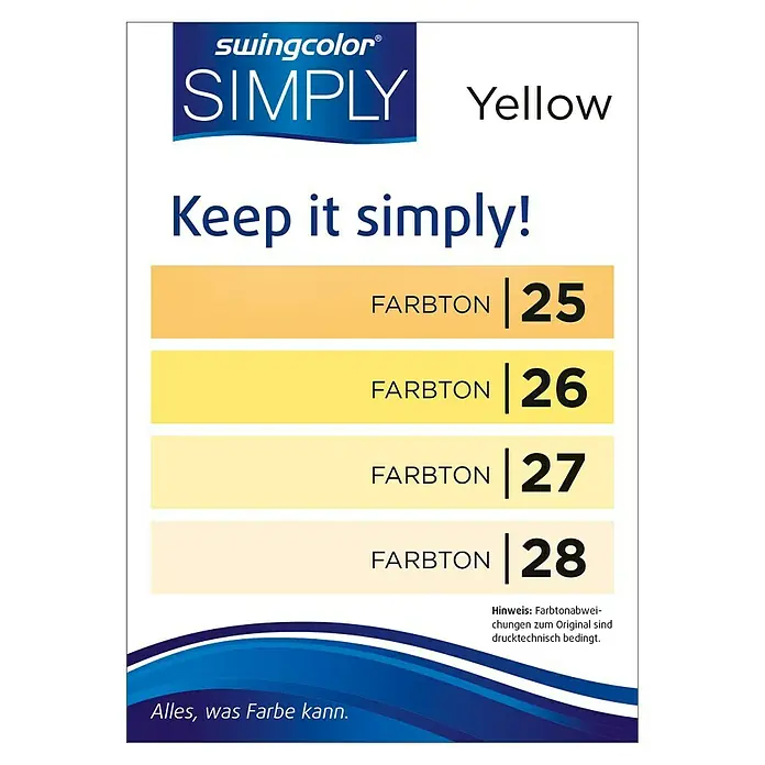 swingcolor Wandfarbe SIMPLY - Gelb - Nr. 28, 2,5 l - Farbfächer der Swingcolor Simply Yellow-Farbe mit den Farbtönen 25, 26, 27 und 28 für eine einfache Farbauswahl.
