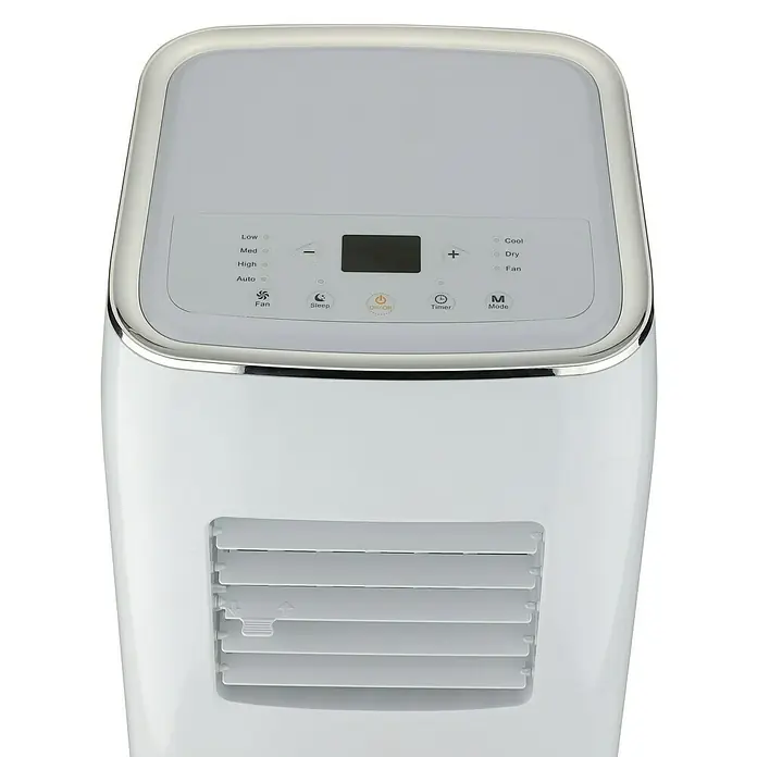 PR Klima Aire acondicionado portátil Purity 7000 - 2,05 kW, Tamaño de la estancia: 20 m², Blanco/Plateado - Primer plano de un aire acondicionado portátil en blanco con pantalla digital para fácil operación y ajustes del modo de refrigeración.