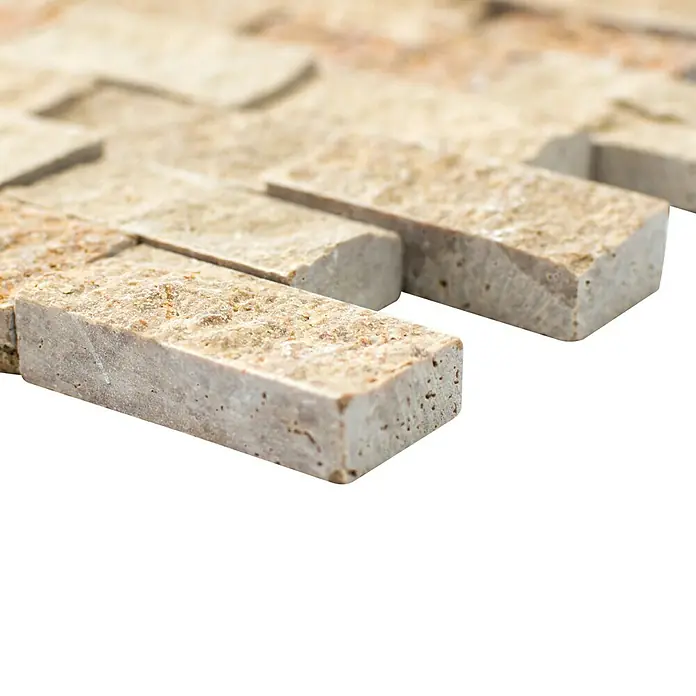 Mosaikfliese Brick Splitflace X3D 44248 - 30,5 x 29 cm, Beige, Matt - Nahaufnahme von Naturstein-Wandfliesen in Beige, ideal für stilvolle Innenräume und Fassaden. Robust und langlebig.