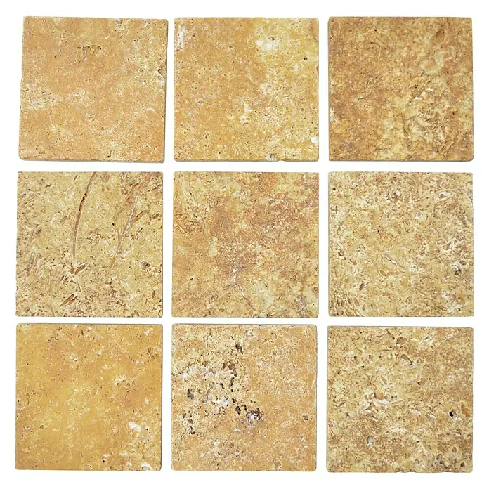 Antikmarmorfliese Travertin Gold - 10 x 10 cm, Gold, Matt - Nahaufnahme von neun quadratischen, getrommelten Travertinfliesen in verschiedenen Brauntönen, die eine natürliche Textur und Muster aufweisen.