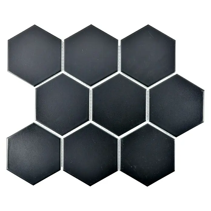 Mosaikfliese Hexagon Uni HX 115 - 25,6 x 29,55 cm, Schwarz, Matt - Schwarzes Sechseck-Fliesenmuster. Dieses Mosaik bietet ein elegantes und modernes Design, ideal für Küche oder Bad.
