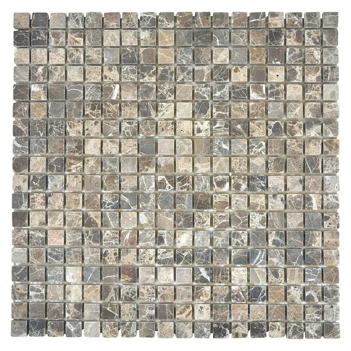 Mosaikfliese Quadrat Uni MOS 15/8530,5 x 30,5 cm, Beige/Braun, Matt - Nahaufnahme eines quadratischen Mosaiks aus kleinen, quadratischen Marmorfliesen in verschiedenen Braun- und Grautönen.