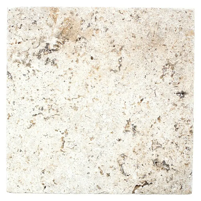 Antikmarmorfliese Travertin Silver - 30,5 x 30,5 cm, Silber, Matt - Nahaufnahme einer quadratischen, beigen Travertin-Fliese mit natürlichen Maserungen und Löchern für den Innenbereich.