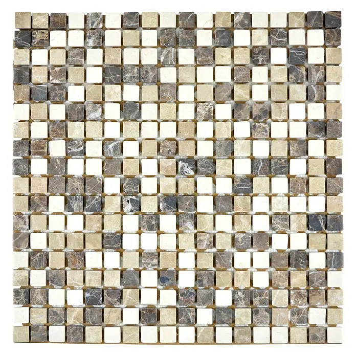 Mosaikfliese Quadrat Mix MOS 15/95 - 30,5 x 30,5 cm, Braun/Beige, Matt - Quadratisches Mosaikmuster mit beigen, grauen und weißen quadratischen Fliesen, die ein dezentes, elegantes Dekorationsmuster bilden.