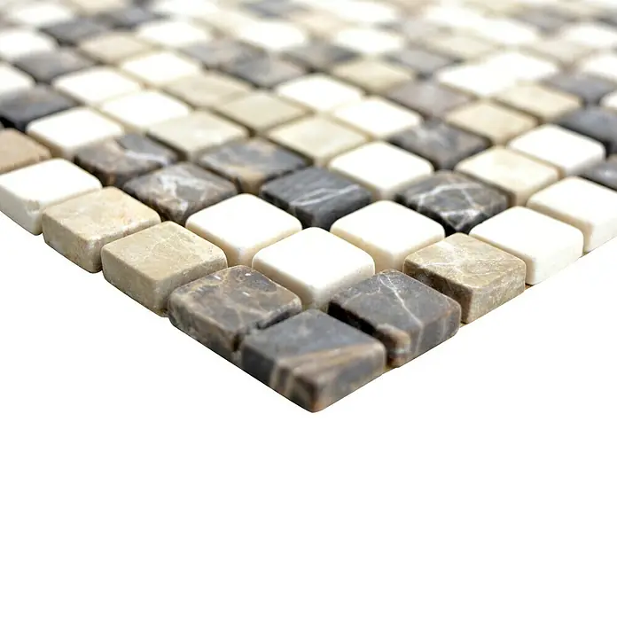 Mosaikfliese Quadrat Mix MOS 15/95 - 30,5 x 30,5 cm, Braun/Beige, Matt - Nahaufnahme eines Mosaikfliesenmusters in verschiedenen Beige-, Braun- und Weißtönen, ideal für stilvolle Innenräume.