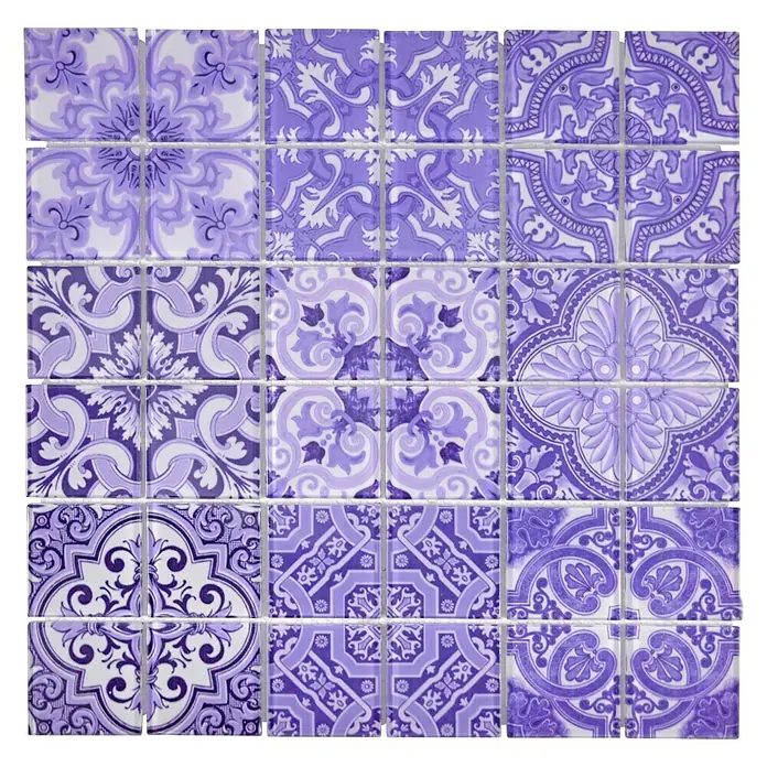 Mosaikfliese Quadrat Crystal CM ITALY - 30 x 30 cm, Lila, Glänzend - Dekorfliesen in Lila: Ein elegantes Fliesenmuster mit filigranen Designs, perfekt für stilvolle Wand- und Bodengestaltungen.\n