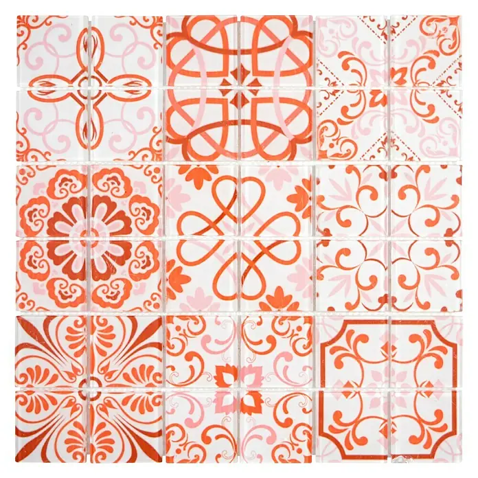 Mosaikfliese Quadrat Crystal CM SWISS30 x 30 cm, Weiß/Rot, Glänzend - Dekorative Fliesen mit floralen und abstrakten Mustern in Orange- und Rosatönen, ideal für stilvolle Wandgestaltungen.