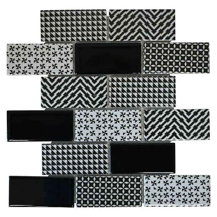 Mosaikfliese Subway SW MISTO B - 28,3 x 29,1 cm, Weiß/Schwarz/Grau, Glänzend - Schwarze und weiße Mosaikfliesen für eine stilvolle Wandgestaltung mit geometrischen Mustern und glänzenden Akzenten.