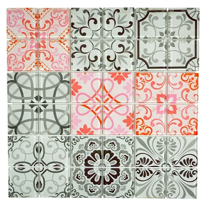 Mosaikfliese Quadrat Crystal CM FRANCE - 30 x 30 cm, Grau/Rot, Glänzend - Quadratische Mosaikfliesen mit floralen Ornamenten in Grau- und Rosatönen für stilvolle Wand- und Bodengestaltung.