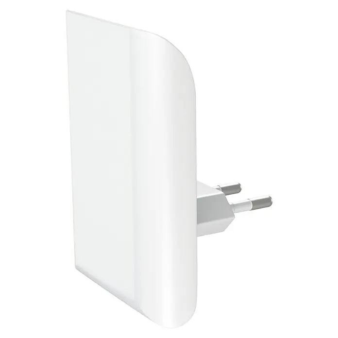 Ledvance LED-Nachtlicht Lunetta Glow - 0,28 W, Weiß, L x B x H: 6 x 6 x 9 cm - Nahaufnahme eines weißen Steckdosenadapters mit Eurostecker auf schwarzem Hintergrund für eine elegante und minimalistische Präsentation.