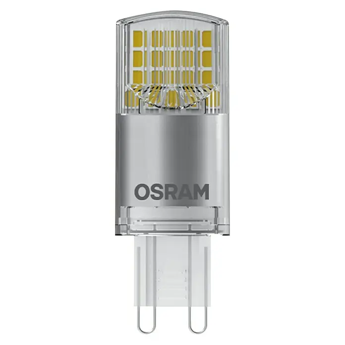 Osram Star LED-Lampe Pin G9 - G9, Nicht Dimmbar, Warmweiß, 470 lm, 3,8 W - Ein modernes LED-Leuchtmittel der Marke Osram. Das Leuchtmittel ist silberfarben und hat einen transparenten Kopf.