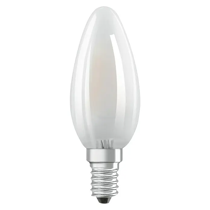Osram Star LED-Lampen Set Kerzenform E14 mattE14, Nicht Dimmbar, Warmweiß, 470 lm, 4 W, Matt, 3 Stk. - Nahaufnahme einer LED-Lampe in Kerzenform mit mattiertem Glas und einem silbernen Sockel. Energiesparende Beleuchtung für stimmungsvolles Licht.