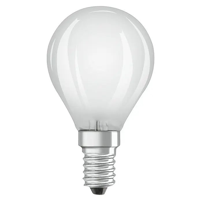 Osram Star LED-Lampen Set Tropfenform E14 matt - E14, Nicht Dimmbar, Warmweiß, 470 lm, 4 W, 3 Stk. - Nahaufnahme einer matten Glühbirne mit kleinem Edison-Schraubsockel, ideal für dekorative Beleuchtungslösungen.