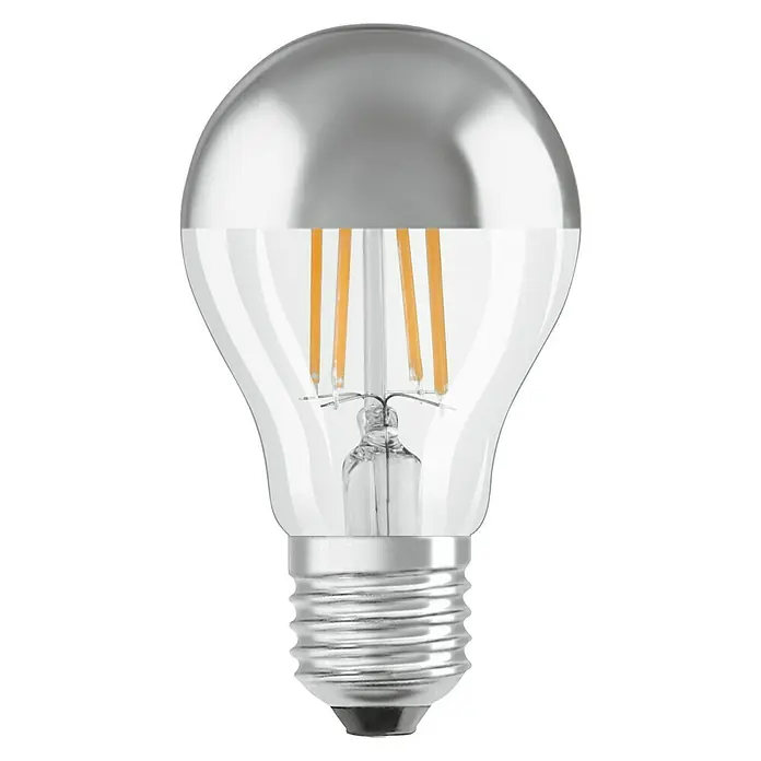 Osram Star Bombilla LED CLA51 - E27, No regulable, Blanco cálido, 650 lm, 7 W - Imagen de una lámpara LED con espejo plateado, que combina eficiencia energética y diseño moderno. Ideal para soluciones de iluminación elegantes.