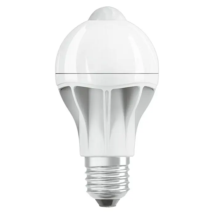 Osram Star LED-Lampe Classic 60 - E27, Nicht Dimmbar, Warmweiß, 806 lm, 9 W - Weiße smarte LED-Glühbirne mit geripptem Sockel und integriertem Bewegungssensor oben.