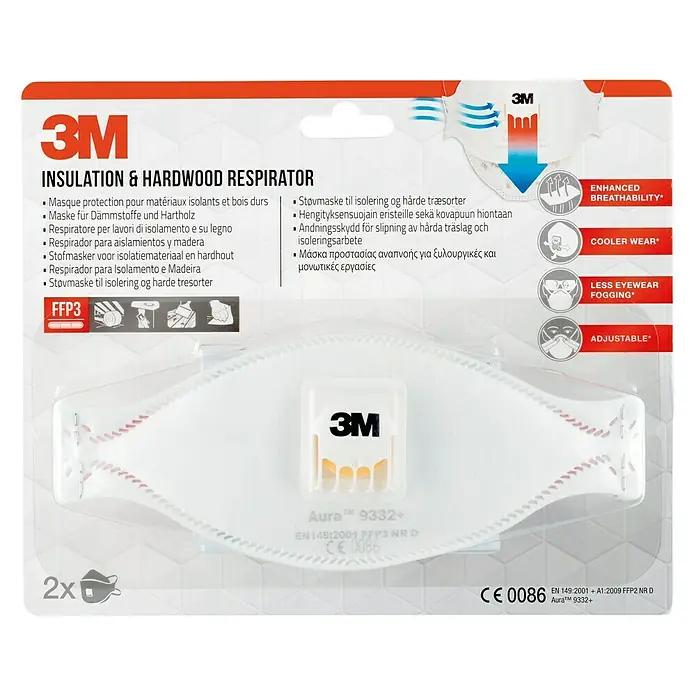 3M Aura Mascarilla de protección respiratoria 9332 - Clase de filtro: FFP3, 2 ud. - Imagen de un respirador 3M Aura 9332+, adecuado para materiales de aislamiento y madera dura, que ofrece mayor transpirabilidad y uso más fresco.