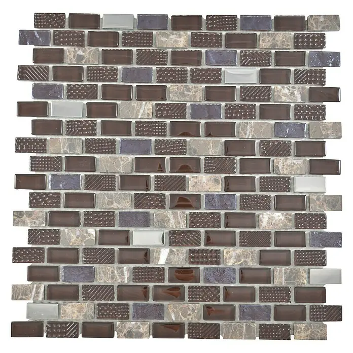 Mosaikfliese Brick Crystal Mix XCM B156 - 30 x 28,5 cm, Braun, Glänzend - Nahaufnahme der quadratischen Mosaikfliese mit Glas- und Marmoreffekt in Braun-, Grau- und Silbertönen für stilvolle Wand- und Bodengestaltung.